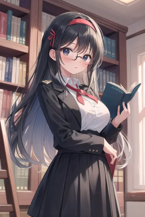 Wears glasses, elementary school student, black hair, black eyes, round, wears , is tall, is in the library, looks kind, has very large breasts, has long hair that reaches her waist, is reading a book, He has black hair but has a slight brownish tint, wear...