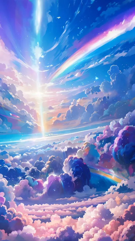 painting of an iridescent sky with clouds and a rainbow, so colorful and heavenly, mysterious rainbow halo, bright rainbow halo,...