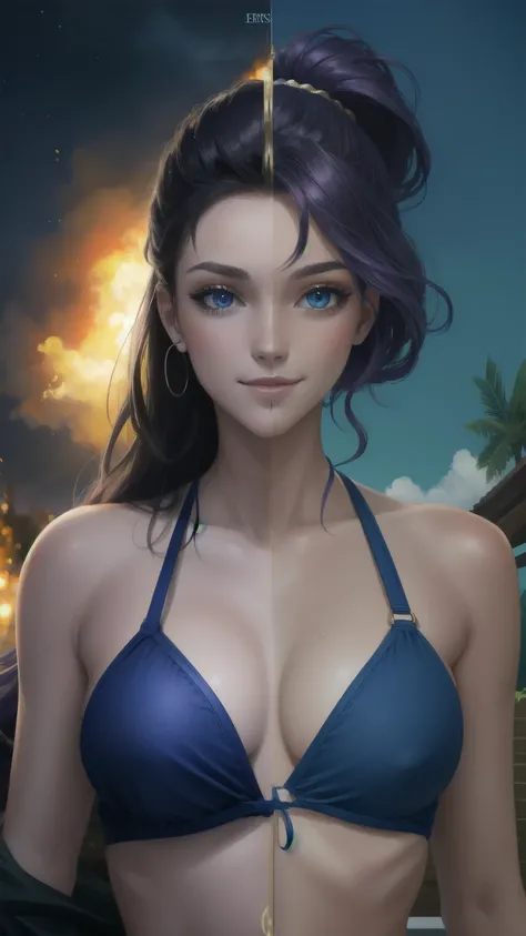 (Highly quality, highly resolutions, highly detailed, masterpiece), day, colored skies,
{{{SplitScreen, split screen, 1girl, pool party caitlyn, purple bikini, purple hair, peach skin, blue eyes, Smile}}}