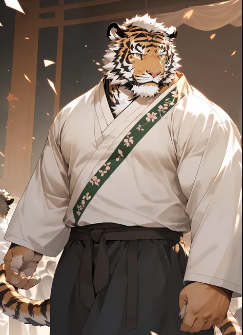 hairy，tiger，Very handsome green Chinese Hanfu，Long-sleeved shirt，beard，Golden fur，White short hair，male，Brown eyes，Common，Back photo，On stage，Detailed background，Very realistic body，Extremely realistic shadows，masterpiece，Very detailed，Realistic apples