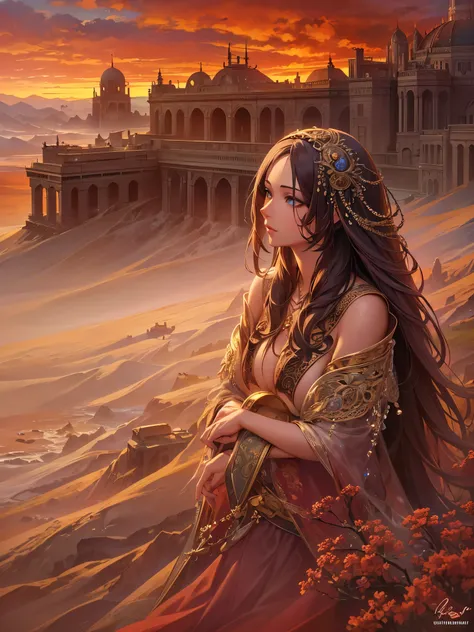 ((highest quality)),(Ultra-high resolution),(Very detailed),(Detailed Description),((The best CG)),(A masterpiece),Ultra-precise art,amazing drawing art,(Fantasy art with intricate detail:1.5), (woman:1.7),(Beautiful and well-proportioned face:1.5), Sunset...