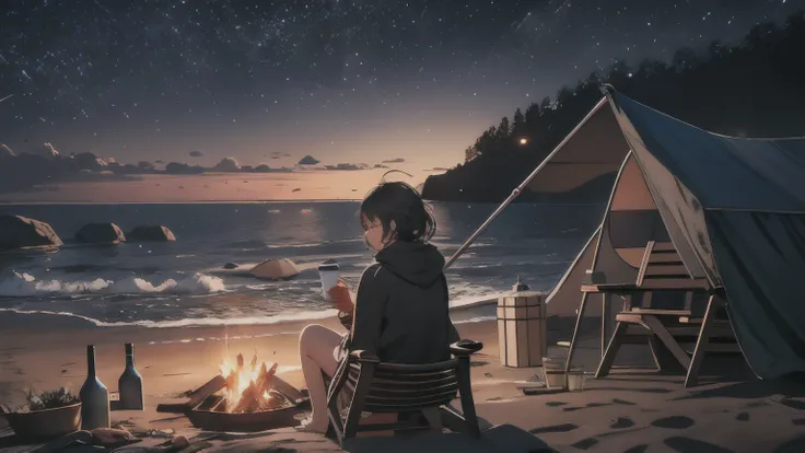 {{masterpiece, highest quality, Highly detailed CG, 8k wallpaper, 3D, Cinema Lighting}}、night、Seaside、Sandy Beach、One woman、tent、Bonfire、camp、Sitting in an outdoor chair、Drinking coffee from a titanium mug