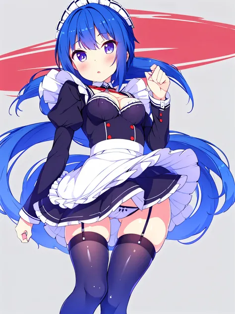 Girl in black white maid uniform with stockings blue hair red eyes Short skirt with small breasts show panties pink