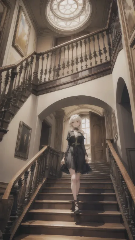 Inside the infinity iron tower,Inside the dark long spiral staircase,the stair made of iron,one woman 20years old,short blonde hair,she’s wearing army’s style,the woman is standing on the stairs,(woman close up)