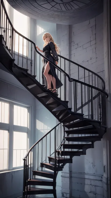 Inside the infinity iron tower,Inside the dark long spiral staircase,the stair made of iron,one woman 20years old,short blonde hair,she’s wearing army’s style,the woman is standing on the stairs,(woman close up)