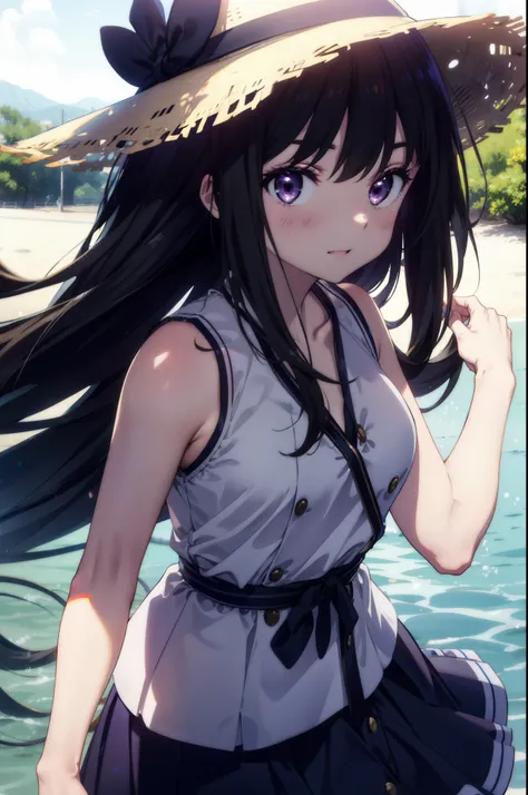 Takiuchi, Inoue Check, Long Hair, bangs, Black Hair, (Purple eyes:1.2),happy smile, smile, Open your mouth,smile,blush,Blue long skirt dress,Sleeveless,Bare arms,Rocket Pendant,Cute Sandals,White Hat,real summer,sunny,As if your whole body is in the illust...