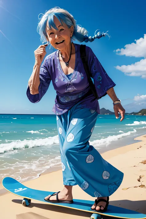 (old wrinkle cute hippy granny with flowing blue hair full body), [riding skateboard beach], old lady,pixar, cartoon,