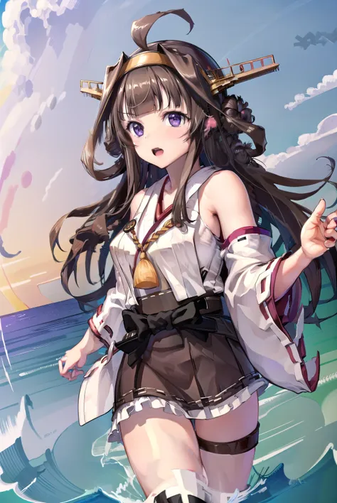 艦これ金剛, kongou, アホ毛, 茶髪, ダブルグッド, ヘアーバン, ヘアバンド, ヘッドギア, 長い髪, (紫色の目:1.1), 
壊す boots, 取り外し可能な袖, 着物, 非伝統的な巫女, リボントリム, リボンで縁取