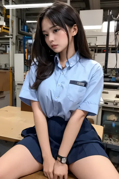 a women, (((round face))), factory clerk, wearing work clothes, skirt, panties, straddling to hit her crotch on exposed pipe, open legs, raise leg, masturbation, ecstasy, in the factory, machines, ceiling, nameplate, id card