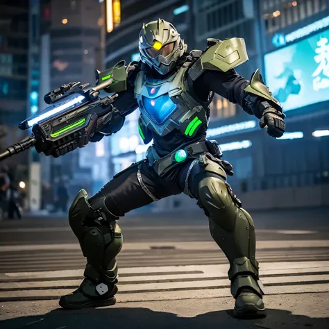 The guardian of the tech city，Possess superb combat skills and technological equipment。
Wearing full body armor，Wear optical goggles，Back energy gun。The armor design is mainly based on technology， The color tone is mainly cool，Highlight the high-end sense ...