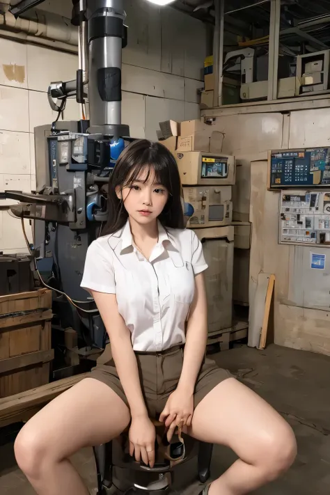 a women, (((round face))), factory clerk, wearing work clothes, (shorts), straddling to hit her crotch on exposed pipe, open legs, raise leg, masturbation, ecstasy, in the factory, machines, ceiling, nameplate, id card