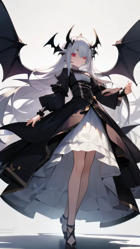 Girl, silver hair, burning eyes, 16 years old, bat wings, long hair, 156cm tall, casual dress
