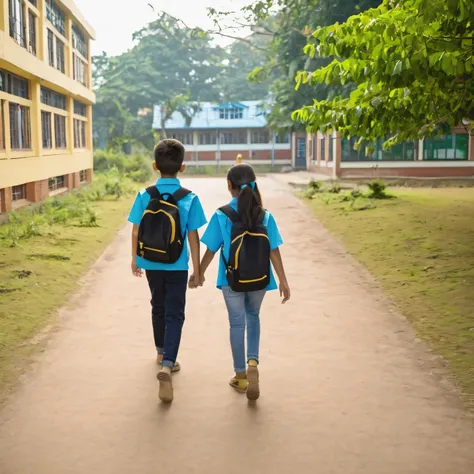 boy and a girl, , walking, to the school