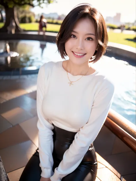 (highest quality, 8k, 32k, masterpiece, Ultra-high resolution:1.2),Beautiful Japanese Women Photos, (Standard body shape）、Tight waist、（D cup breasts：1.4）, very short bob hair,whole body,White Sweater, necklace, Simple Background, From above, View your view...