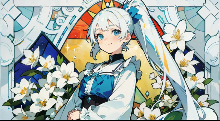 (Long sleeve blouse with ruffles), (Solo), adult woman (1), very long hair, Colorful stained glass on background, Classic, white flowers, sunlight shining through, ((Super long white hair)) ((High ponytail)), (Super smile), Dynamism, (Blue eyes), (kirakira...