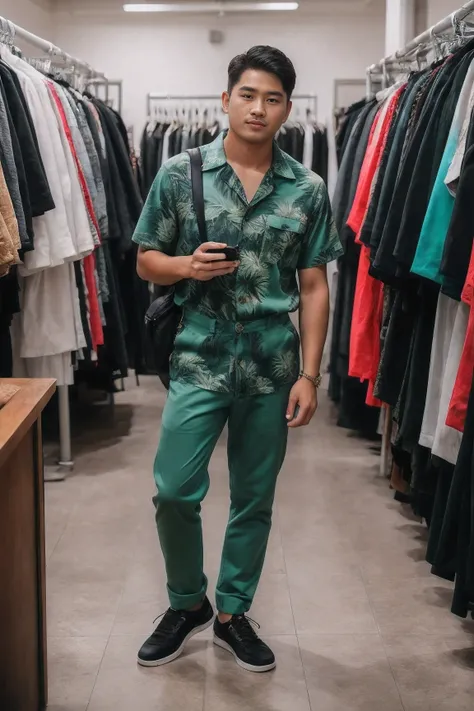 8k uh, DSLR, High quality , raw photos, Realistic photography , Full body, Fujifilm XT3, Canon R5, Handsome man , man, Hawaiian shirt and green overalls , inside second-hand clothing store