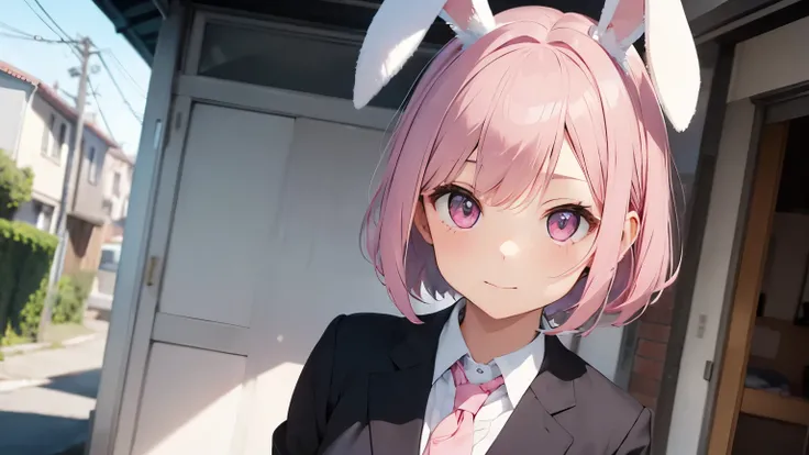 highest quality, pretty girl, pastel colour, Fluffy bunny ears, pink short bob,Pale pink eyes,business,Secretary in a suit