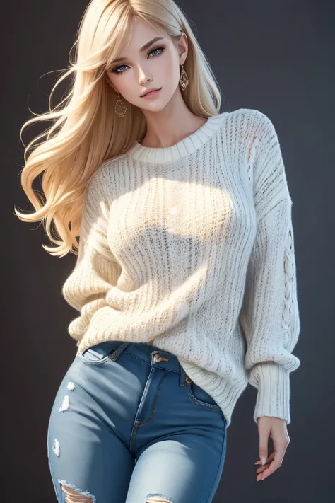 best quality, super fine, 16k, incredibly absurdres, extremely detailed, delicate, flashy and dynamic depiction, beautiful white woman, excited look, superlative body proportion, wearing loose knit sweater and tattered jeans, portrait, background simple co...