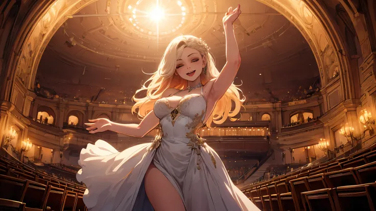 1 woman, expression of happiness, long party dress, dancing in a large amphitheater to classical music, highly detailed, high resolution, intricate details, Lens flare, centered image