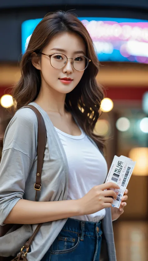 close-up of beautiful korean female, 34 inch breasts size, wearing rolled sleeves t-shirt, glasses, holding movie ticket, at the...