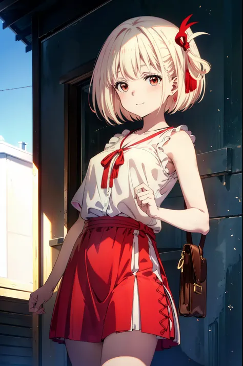 chisatonishikigi, Chisato Nishikigi, short hair, bangs, blonde, (Red eyes:1.5), Hair Ribbon, One side up, Bobcut,happy smile, smile, Open your mouth,smile,blush,Red long skirt dress,Sleeveless,Bare arms,Rocket Pendant,Cute Sandals,White Hat,real summer,sun...