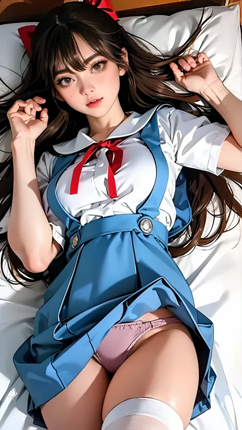 ((highest quality, 8k, masterpiece:1.3, Realistic:1.3)), {{Lying in bed, From below, dakimakura}}, Very stylish Japanese high school girl, Single woman,  very light brown hair, With bangs, (Japanese Uniform, socks, Thick thighs,cotton side string thongs), ...