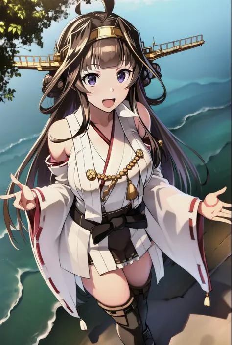 艦これ金剛, kongou, アホ毛, 茶髪, ダブルグッド, ヘアーバン, ヘアバンド, ヘッドギア, 長い髪, (紫色の目:1.1), 
壊す boots, 取り外し可能な袖, 着物, 非伝統的な巫女, リボントリム, リボンで縁取