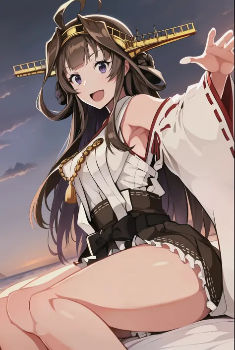 Ship Kongo, kongou, Ahoge, Brown Hair, Double good, Hair Bun, hair band, headgear, Long Hair, (Purple eyes:1.1), 
Breaking boots, Removable sleeves, kimono, Non-traditional Shrine Maiden, Ribbon trim, Sleeves edged with ribbon, Thigh-high boots, Wide sleev...