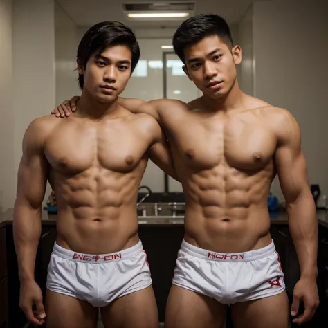 Handsome muscular conjoined two headed southeast asian teenage boy