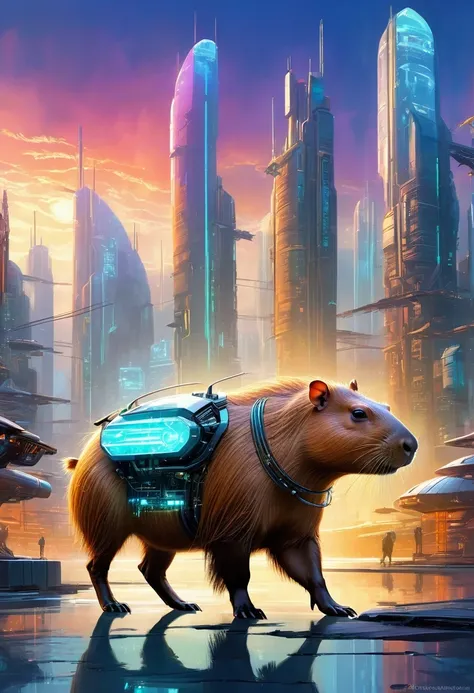 Translucent Ethereal Mechanical Capybara，Capybara Mechanical，Future city background，Beautiful sci-fi art, Sci-fi digital art illustration, Digital cyberpunk art, Sci-fi digital painting, futuristic digital painting, futuristic concept art, In front of sci-...