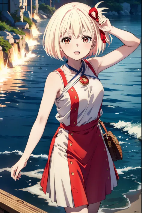 chisatonishikigi, Chisato Nishikigi, short hair, bangs, blonde, (Red eyes:1.5), Hair Ribbon, One side up, Bobcut,happy smile, smile, Open your mouth,smile,blush,Red long skirt dress,Sleeveless,Bare arms,Rocket Pendant,Cute Sandals,White Hat,real summer,sun...