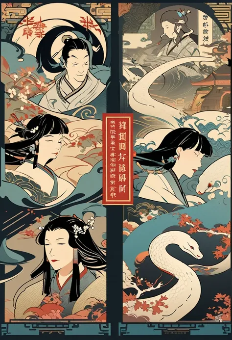 cover page, Four major folk legends of ancient China, The Legend of the White Snake, Bai she zhuàn, flat Design, vector illustrations, graphic illustration, detailed 2d illustration, flat illustration, digital illustration, digital artwork,