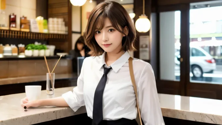 super high quality, Fashion Model, Short Hair, Slender, The staff is working at the counter in the back., (8k、RAW Photos、highest quality、masterpiece:1.2), Japanese Idol, Serious expression, Shaggy, Brown Hair, Stylish café, Fashion magazine shooting, (Real...