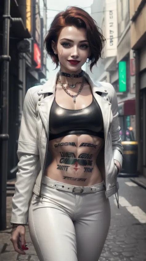 (masterpiece), (extremely intricate:1.3), (realistic), female, 19 years old, ((((([small breasts:large breasts:0.8], short [dark hair:bright ginger hair:0.7], solo, 1girl, smiling red lipstick, (bodybuilder, abdominals), cyberpunk street))))), metal reflec...