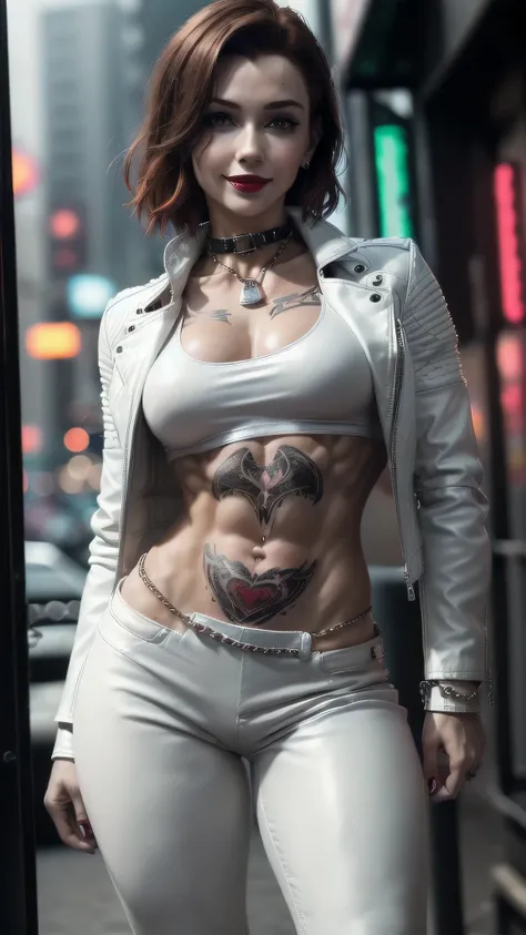 (masterpiece), (extremely intricate:1.3), (realistic), female, 19 years old, ((((([small breasts:large breasts:0.8], short [dark hair:bright ginger hair:0.7], solo, 1girl, smiling red lipstick, (bodybuilder, abdominals), cyberpunk street))))), metal reflec...