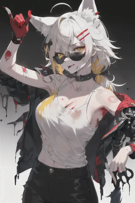 ((((Amazing))),  (((intense))) , a young woman as the central character, wearing a Stylish and edgy set of clothes, with a determined Expression on her face. The background is dark and brave., The color palette is mainly dark with splashes of Lively colors...