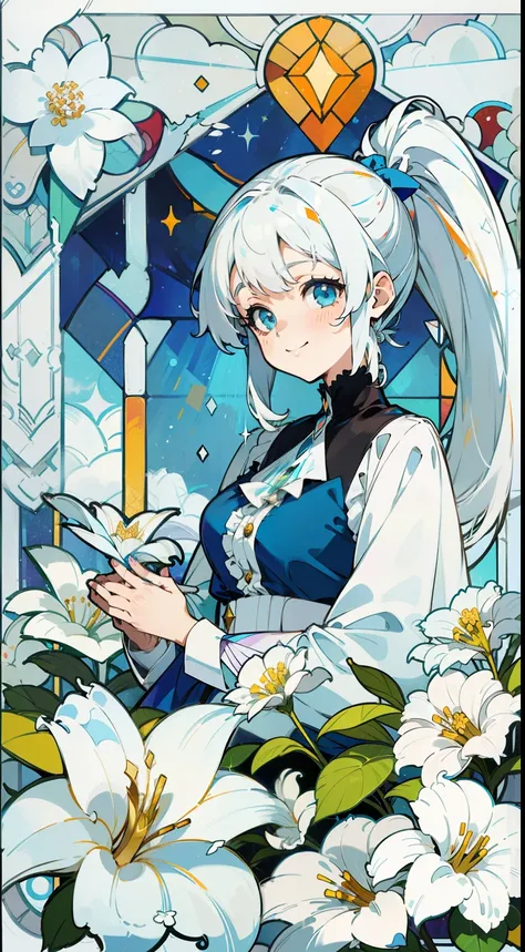 (Long sleeve blouse with ruffles), (Solo), adult woman (1), medium breasts, very long hair, Colorful stained glass on background, Classic, white flowers, sunlight shining through, ((Super long white hair)) ((High ponytail)), (Super smile), Dynamism, (Blue ...