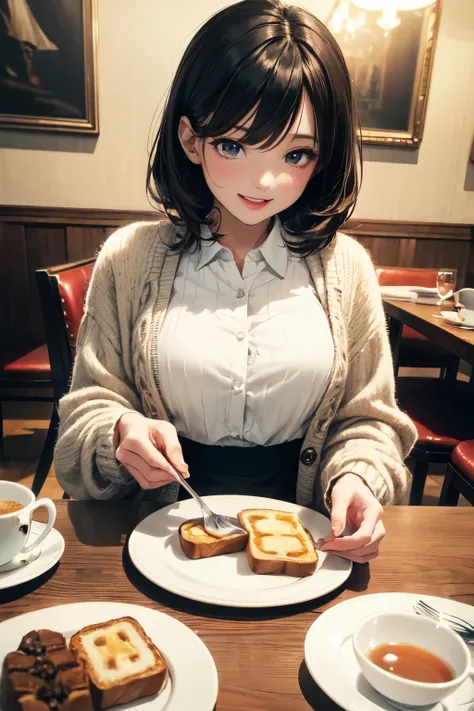 very cute and beautiful girl sitting on chair in antique retro restaurant,(highly detailed beautiful face and eyes),
white blouse,laugh,(beige cardigan:1.2) BREAK dynamic angle,hair ornament,black hair,pleated black mini skirt,
(cups of tea),(honey toasts ...