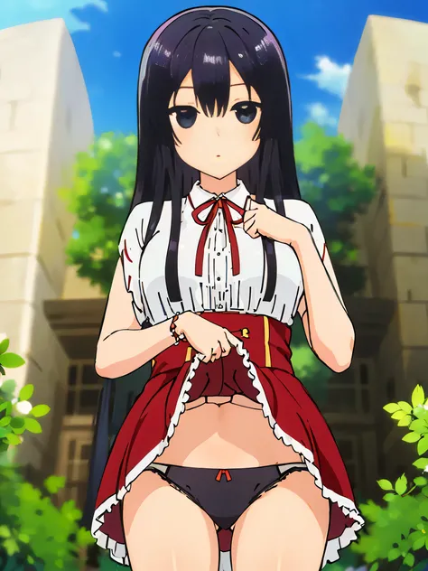 Black Hair、black eye、Expressionless、Long Hair、、High resolution、masterpiece、High resolution、highest quality、Detailed face、Anime Moe Art Style、Cowboy Shot、Skirt Lift、Self Lift、panties、lingerie、Outdoor、field