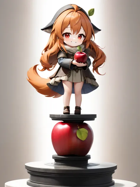 chibi, 3D figure, very cute and bautiful anime girl, Holo, (wolf-ears, fluffy-wolf-tail:2.5), (grin:3.0),solo, (head-to-body-ratio-is-one-to-four:5.0),(full body:2.5), photo of an figure, high quality photo, (standing on pedestal, holding the apple in the ...