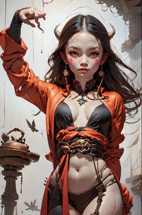 there is a woman in a costume posing with a demon, cgsociety and fenghua zhong, by Yang J, rossdraws 1. 0, 🌺 cgsociety, :: rossdraws, wlop and ross tran, wlop rossdraws, by Feng Zhu, rossdraws digital painting, rossdraws sakimimichan, ross tran and wlop