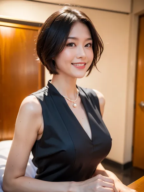 (highest quality, 8k, 32k, masterpiece, Ultra-high resolution:1.2),Beautiful Japanese Women Photos, Standard body shape、（D cup breasts:1.4), very short bob hair,Upper Body,Face Focus,（black formal blouse：1.4）、（Black frill blouse:1.6）,（Pearl Necklace:1.4), ...