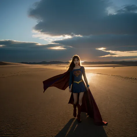 Supergirl、正確なSupergirlの衣装、desert、Prisms、Sand Dust、A cloak fluttering in the wind、cloud、