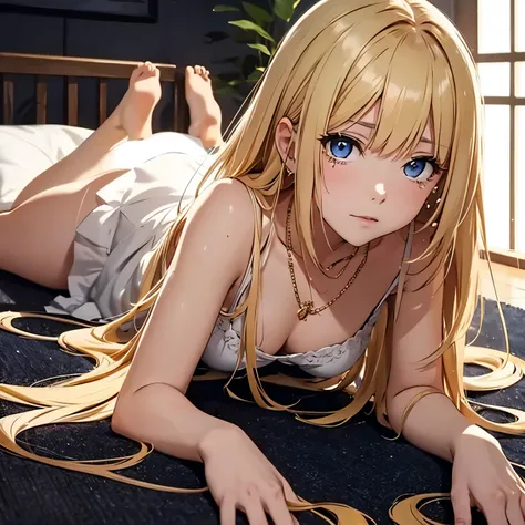 best quality, Anime Girl ((looking up at viewer)), Long blonde hair, dark blue  eyes,  tears in her eyes, relieved to see viewer, ripped white dress, body full of bruises and cuts, golden necklace with gem pendant,barefoot, lying down on the floor, her han...