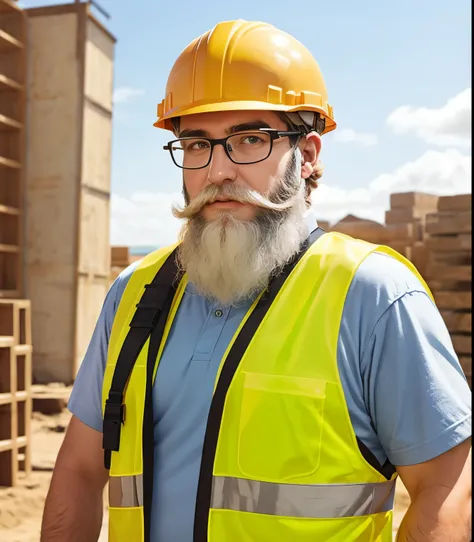 Worker on site with helmet and safety vest, white beard, wearing glasses