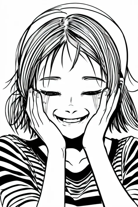 A girl drawn with black and white lines is laughing and crying. The face is facing forward. His eyes are closed and tears are streaming down his face. He covers his mouth with both hands so that it cannot be seen. Rough style of anime drawn with simple lin...