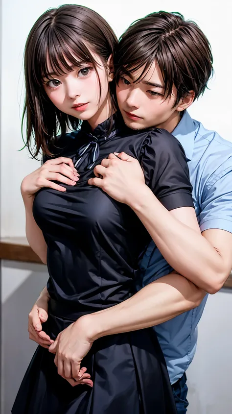 highest quality、4K quality、Man Attacking、A high school girl in a short-sleeved blouse and skirt being embraced by a man、Man grabs womans chest、slender、Small face、16 years old