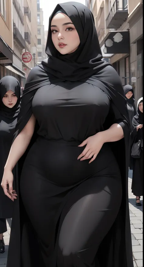 woman in black dress and hijab walking down the street, wearing black clothes and cape, hijab outfit, with a long black cape, hijab fashion model, plus size, plus size woman, wearing black robe, woman in black robes, beautiful burqas woman, thicc, black ou...