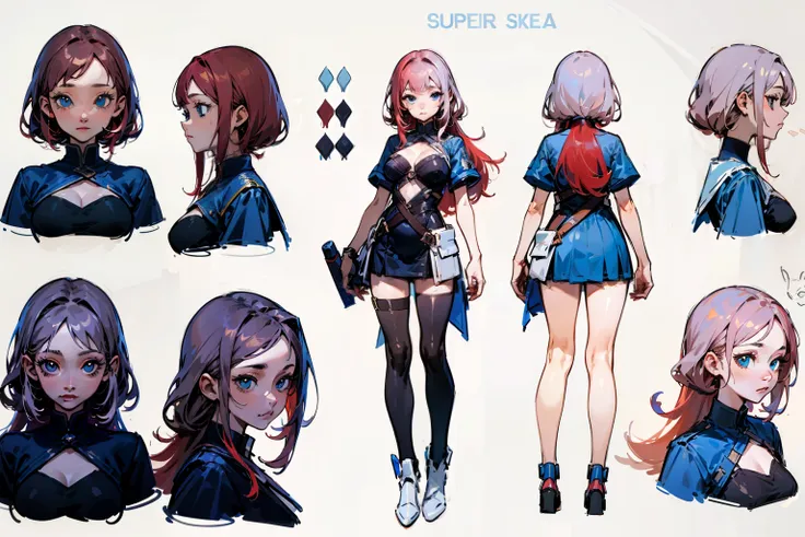 (Masterpiece, highest quality)), adult woman, medium breasts, detailed face, character sheet, concept-art, Full body, full of details, multiple poses and expressions, highly detailed, depth, many parts, 1girl, super long red hair, beautiful blue eyes