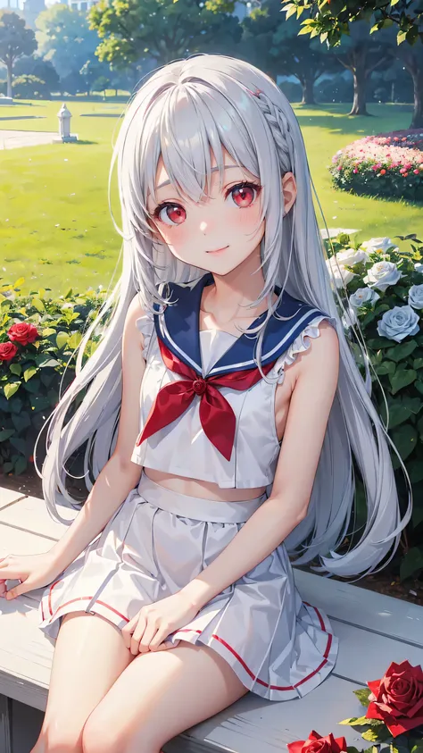 Very cute girl、(Im 8 years old)、Gray Hair、Shortcuts、Bangs too close to the eyes、bright red eyes、(Normal Human Ear)、Thin arms、Beautiful body、Thin legs、Flat Chest、Translucent white skin、smile、(Sailor suit、skirt、White and blue).(Rose Garden)、Playing innocentl...